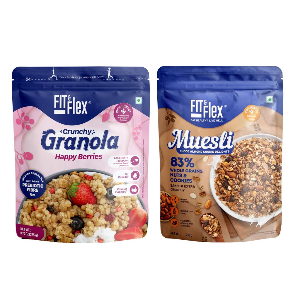 FIT & FLEX Baked Crunchy Mixed Berries Granola (275 g) And Choco Almond Cookie Muesli (210 g) - As Seen on Shark Tank India - 485 g (Breakfast Combo Pack of 2)