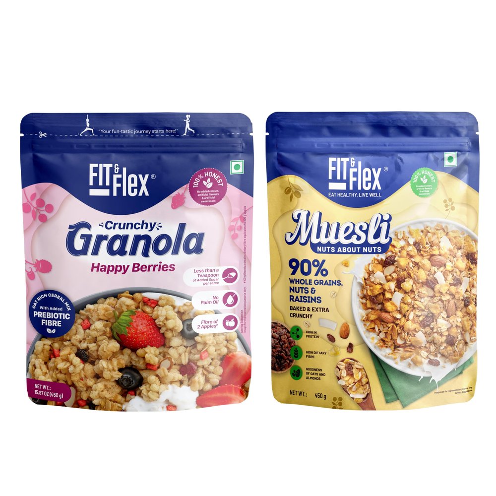 FIT & FLEX Baked Crunchy Mixed Berries Granola (450 g) And Nuts & Raisins Muesli (450 g) - As Seen on Shark Tank India - 900 g (Breakfast Combo Pack of 2)