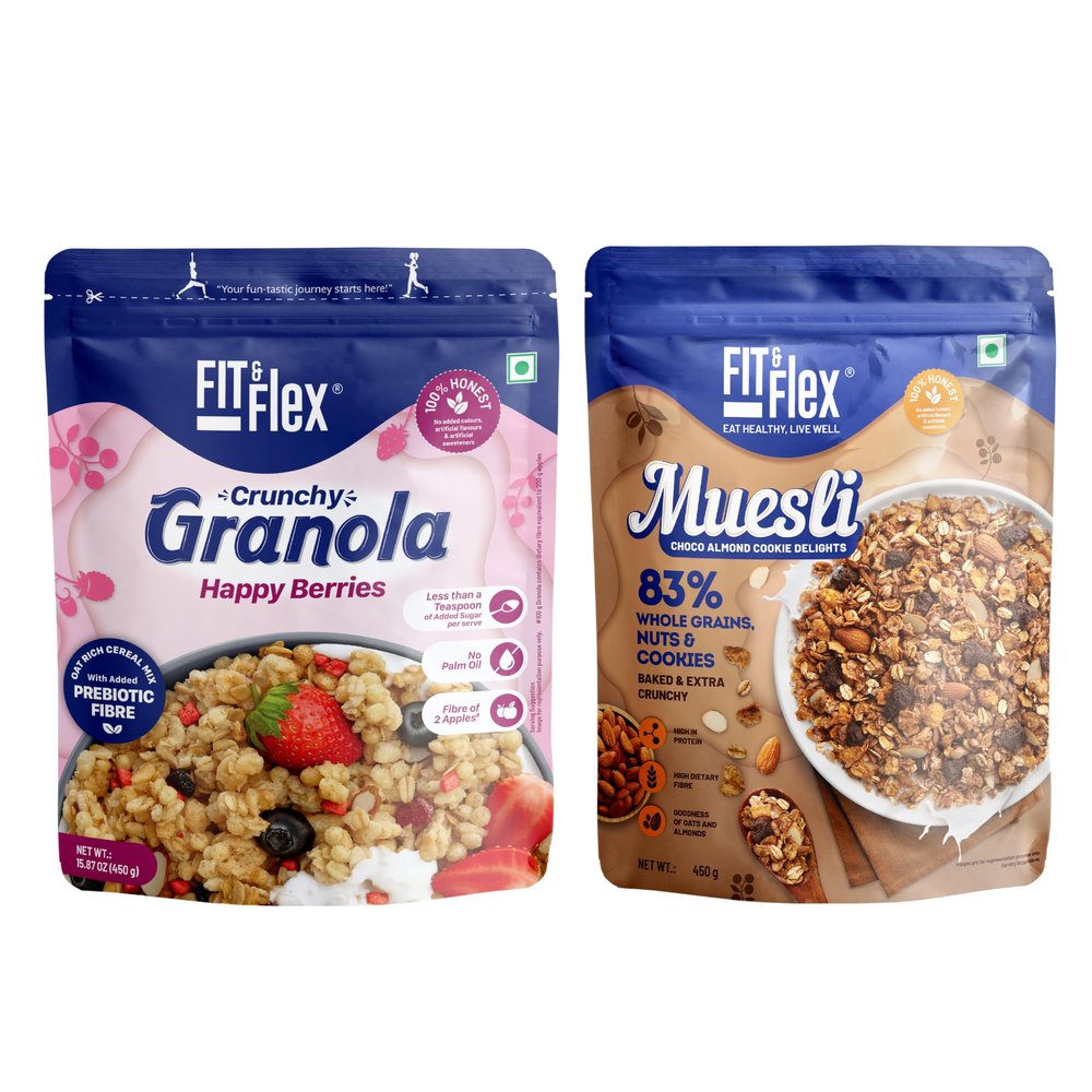 FIT & FLEX Baked Crunchy Mixed Berries Granola (450 g) And Choco Almond Cookie Muesli (450 g) - As Seen on Shark Tank India - 900 g (Breakfast Combo Pack of 2)