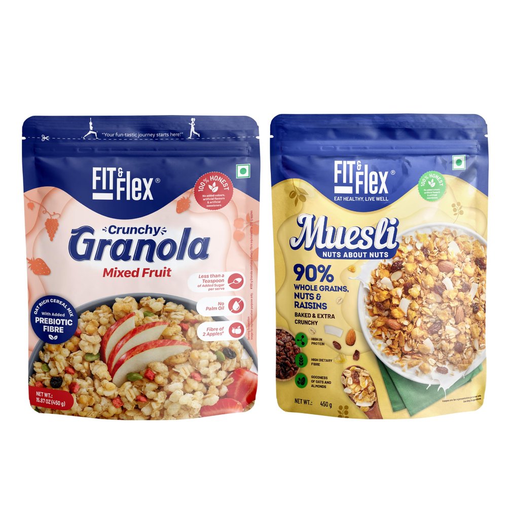 FIT & FLEX Baked Crunchy Mixed Fruit Granola (450 g) And Nuts About Nuts Muesli (450 g) - As Seen on Shark Tank India - 900 g (Breakfast Combo Pack of 2)