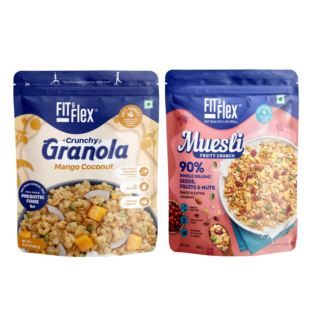 FIT & FLEX Baked Crunchy Mango Coconut Granola (450 g) And Fruity Crunch Muesli (450 g) - As Seen on Shark Tank India - 900 g (Breakfast Combo Pack of 2)