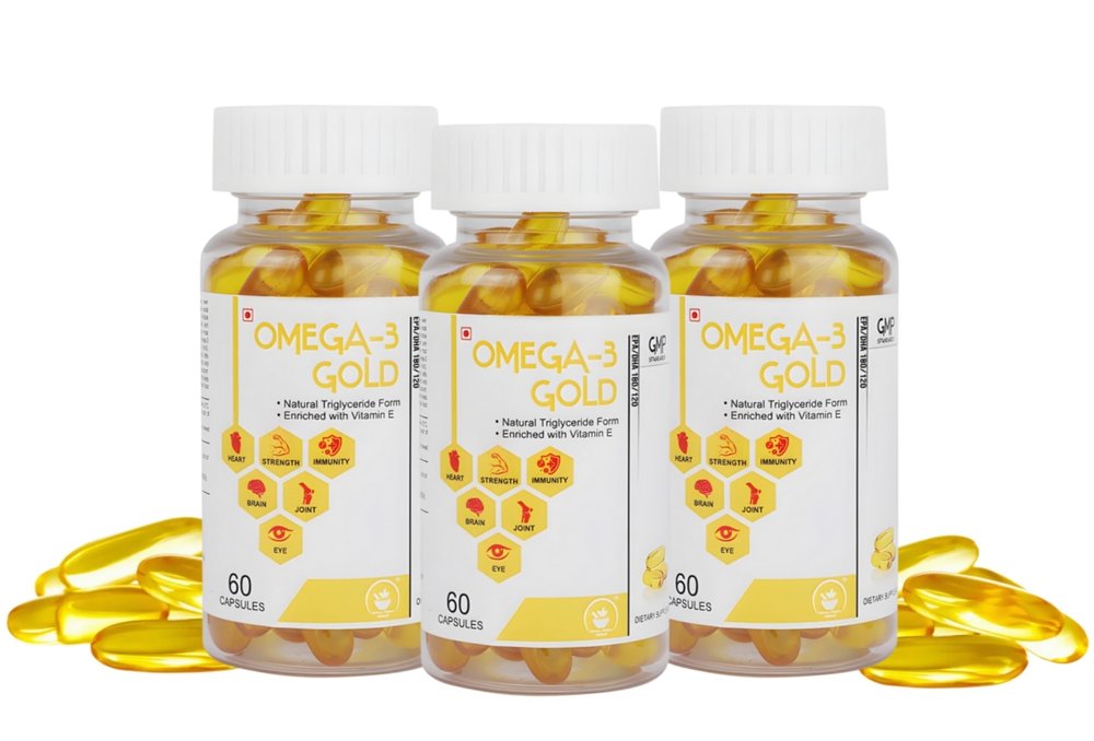 OMEGA-3 GOLD Omega 3 Fish Oil - Omega 3 Supplement | Triple Strength | Vitamin D - Fish Oil Softgels for Men and Women EPA DHA for Heart, Joints & Brain Health (Pack of 3)