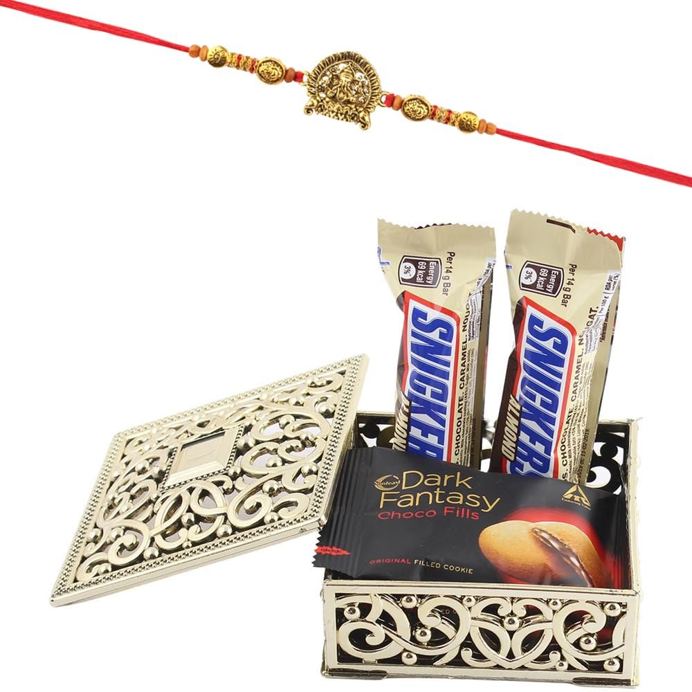 SFU E Com Awesome nutty chocolate With Dark Fantasy Coockies| Rakhi Chocolate for Brother | Jadtar Ganesh ji Rakhi With Chocolates | Roli, Chawal, Chandan, Misri | 1137