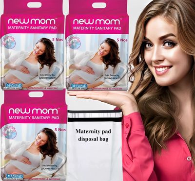 TUNSECHY New Mom Disposable Maternity Pads Maxi XXXL for Heavy Flow (850ml) after delivery. Ultra Soft, Long Lasting Protection- Latest New Mom Maternity Pads 5x3 packs +(FREE 15 Pad Disposal Bags)