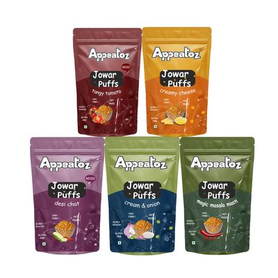 Appeatoz Jowar Puffs Variety | Baked Not Fried | Roasted Healthy Snack | Gluten-Free | No Added Sugar | High Protein & Fiber | Kids Friendly | Indian Flavours | 70g Each Pack (Pack of 5)