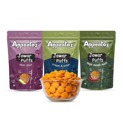 Appeatoz Jowar Puffs Pack of 3 | Magic Masala, Desi Chat, Cream & Onion | Baked Not Fried | Roasted Healthy Snack | Gluten-Free | No Added Sugar | High Protein | Kids Friendly | 70g Each