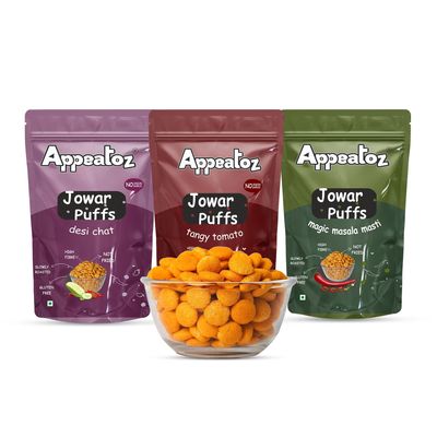 Appeatoz Jowar Puffs | Magic Masala, Desi Chat, Tangy Tomato | Baked Not Fried | Roasted Healthy Snack | Gluten-Free | High Protein | No Added Sugar | Kids Friendly | 70g Each (Pack of 3)