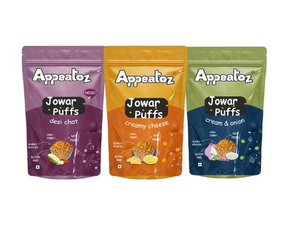 Appeatoz Jowar Puffs Pack of 3 | Desi Chat, Creamy Cheese, Cream & Onion | Baked Not Fried | Roasted Gluten-Free Snack | High Protein & Fiber | No Added Sugar | Kids Friendly | 70g Each