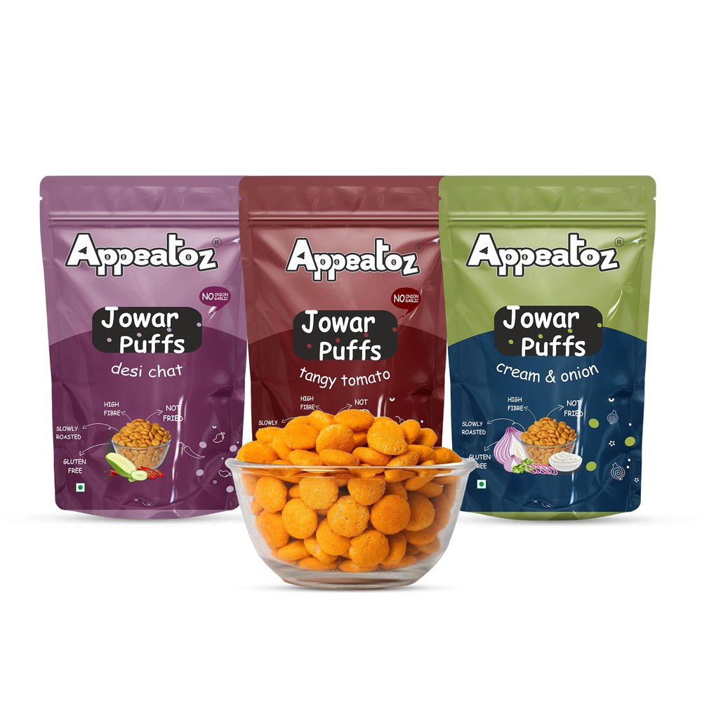 Appeatoz Jowar Puffs Pack of 3 | Desi Chat, Cream & Onion, Tangy Tomato | Roasted Not Fried | Gluten-Free | High Protein | No Added Sugar | Baked Healthy Snack | Kids Friendly | 70g Each