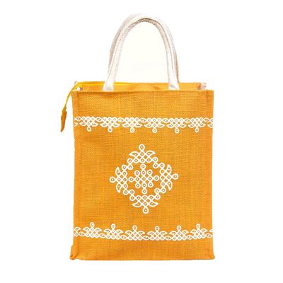 Daffodil Jute Bags For Lunch | Tote Bag | Handcrafted Kolam Print Bag | Eco Friendly Carry Bag | Durable Bags for Men & Women | Jute Handbags with Zipper (Blue)