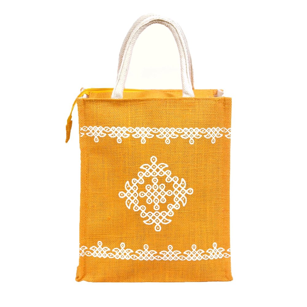 Daffodil Jute Bags For Lunch | Tote Bag | Handcrafted Kolam Print Bag | Eco Friendly Carry Bag | Durable Bags for Men & Women | Jute Handbags with Zipper (Blue)