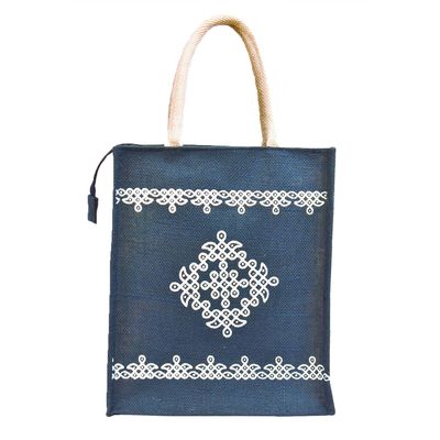 Daffodil Jute Bags For Lunch | Tote Bag | Handcrafted Kolam Print Bag | Eco Friendly Carry Bag | Durable Bags for Men & Women | Jute Handbags with Zipper (Yellow)