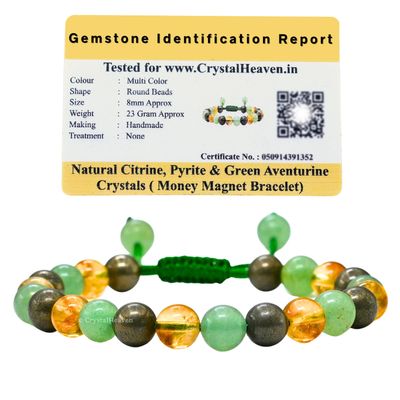 Money Magnet Bracelet Original Certified Pyrite Bracelet with Green Aventurine, Citrine - Elegant for Man, Women and Men - Healing Money Crystal Stones (Adjustable)