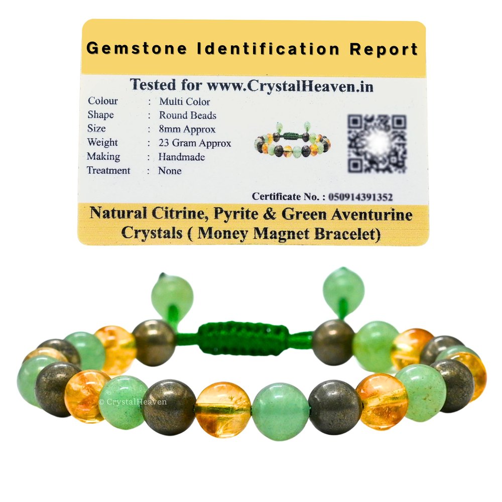 Money Magnet Bracelet Original Certified Pyrite Bracelet with Green Aventurine, Citrine - Elegant for Man, Women and Men - Healing Money Crystal Stones (Adjustable)