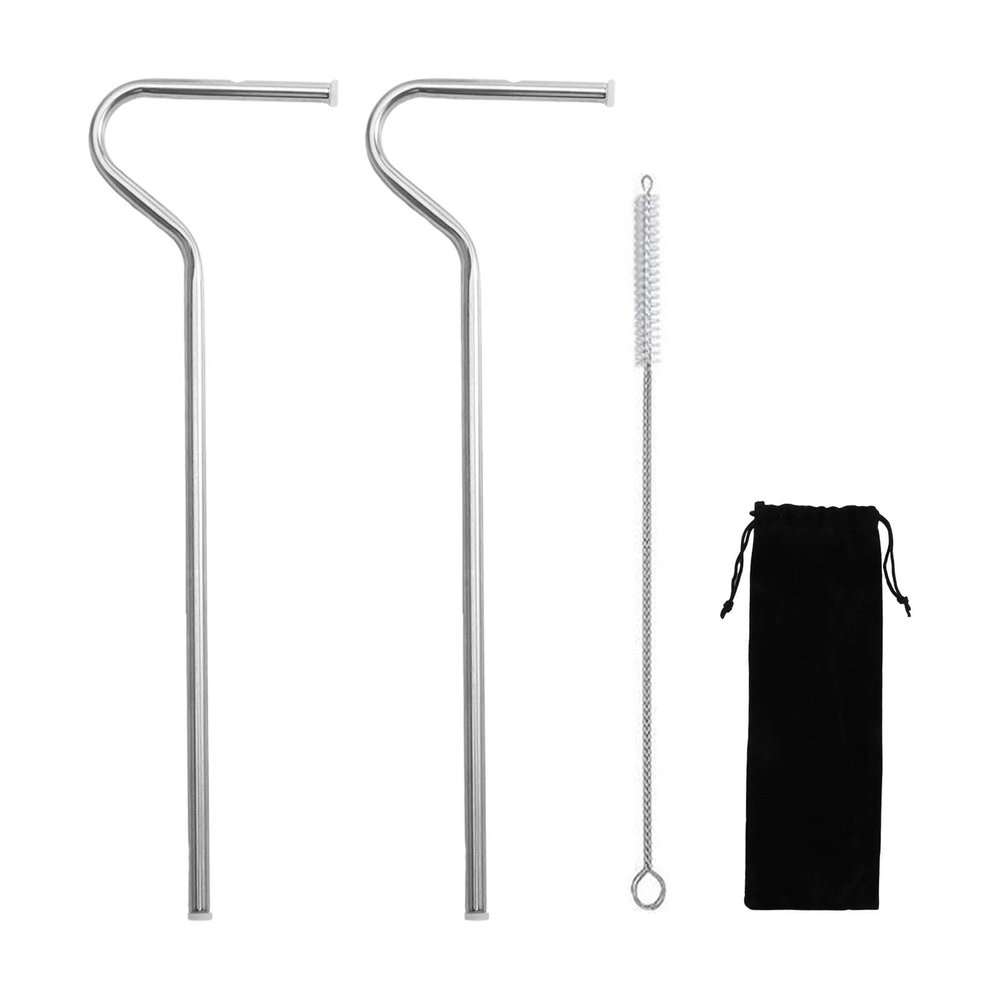 Anti Wrinkle Straw 2Pcs, Reusable Stainless Steel Drinking Straw, Wrinkle Free Long Bended Metal Straw for Lip with Brush and Storage Bag, Fit Cup(Silver)