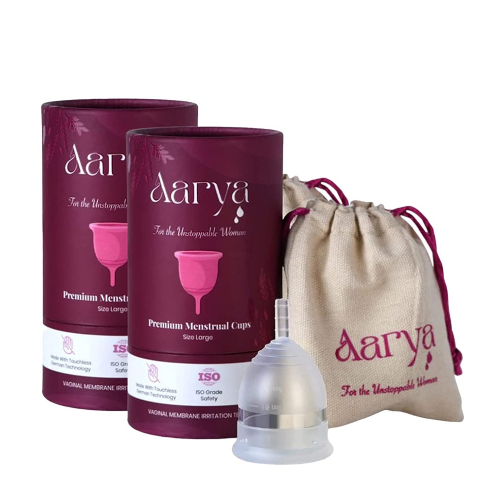 AARYA Reusable Menstrual Cup|Ultra Soft & Odourless|Medical Grade Silicone|Leak Free For 8-10 Hours|Fda Approved|Includes Protective Pouch|Pack Of 2 (Large Pack Of 2),Transparent