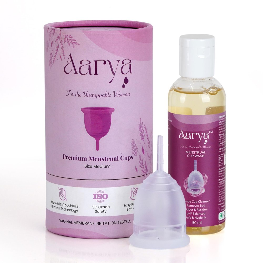 AARYA Reusable Menstrual Periods Cup for Women with Cup Wash - Medical Grade Silicone | Comfortable Odour & Rash-Free | Upto 12 Hours Leakage Protection | FDA Compliance (Medium 50ml)