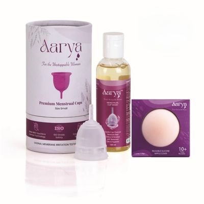 AARYA Reusable Menstrual Periods Cup for Women with Cup Wash| With Silicone Nipple Cover- Medical Grade Silicone | Comfortable Odour & Rash-Free | Leak Free upto 8 Hrs | FDA Compliance (Small+100ml)