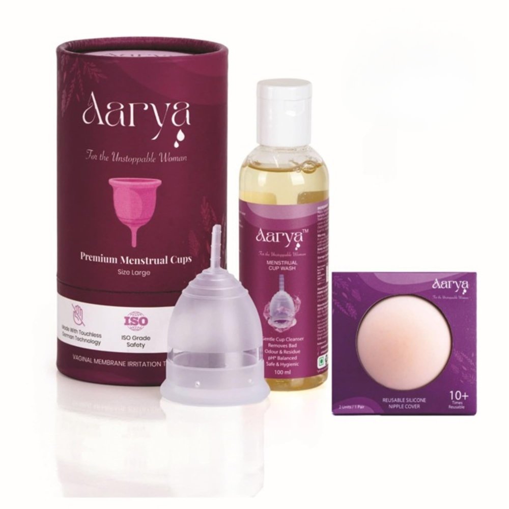 AARYA Reusable Menstrual Periods Cup for Women with Cup Wash| Free Silicone Nipple Cover - Medical Grade Silicone | Comfortable Odour & Rash-Free | Leak Free upto 8 Hrs | FDA Compliance (Large+100ml)