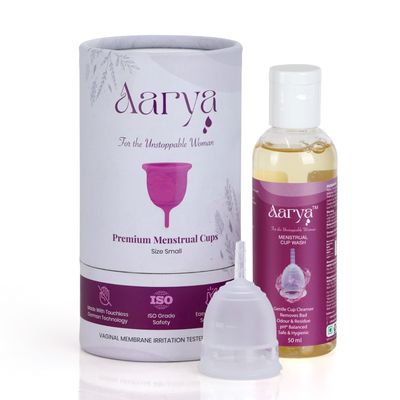 AARYA Reusable Menstrual Periods Cup for Women with Cup Wash - Medical Grade Silicone | Comfortable Odour & Rash-Free | Upto 12 Hours Leakage Protection | FDA Compliance (Small 50ml)
