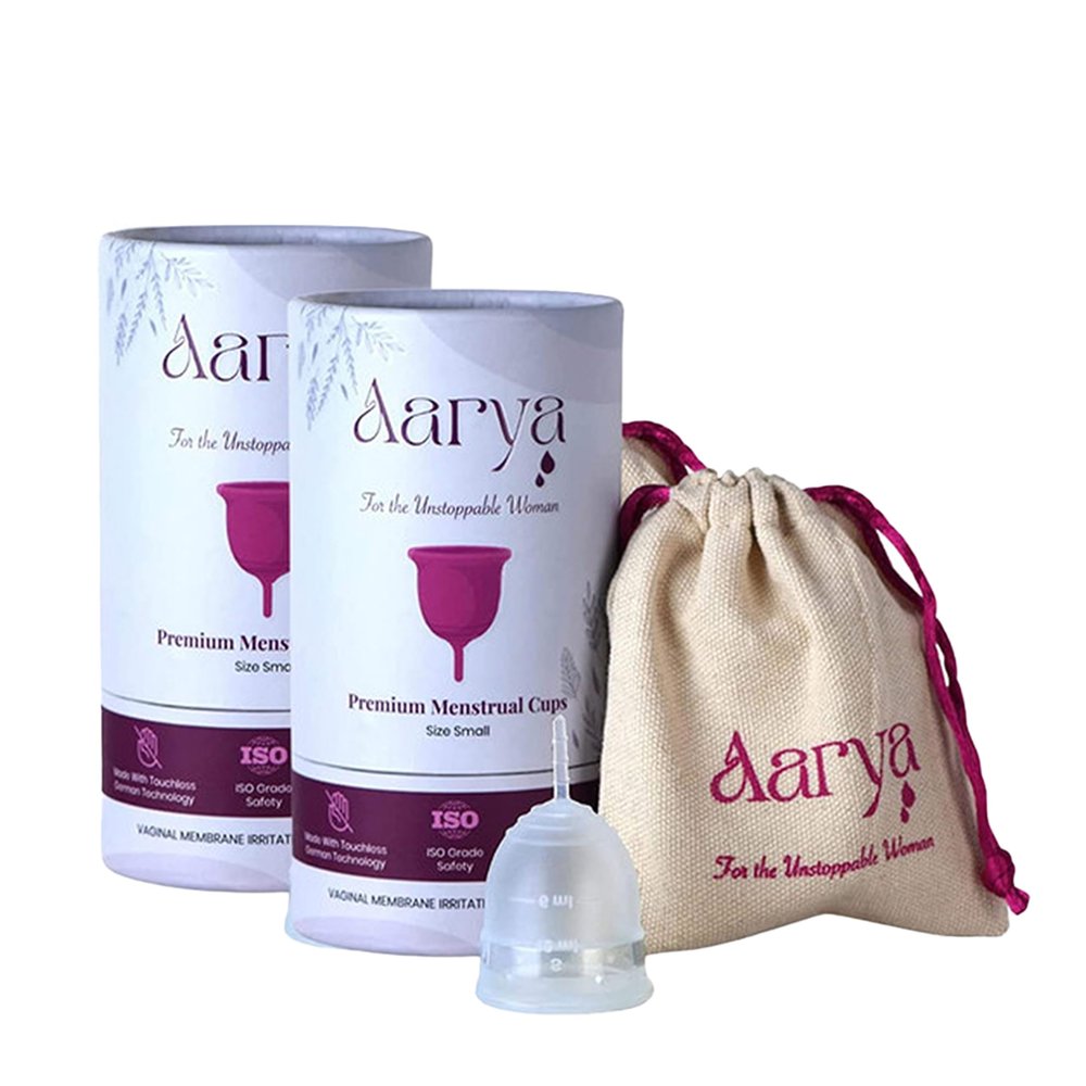 AARYA Reusable Menstrual Cup|Ultra Soft & Odourless|Medical Grade Silicone|Leak Free For 8-10 Hours|Fda Approved|Includes Protective Pouch|Pack Of 2 (Small Pack Of 2),Transparent