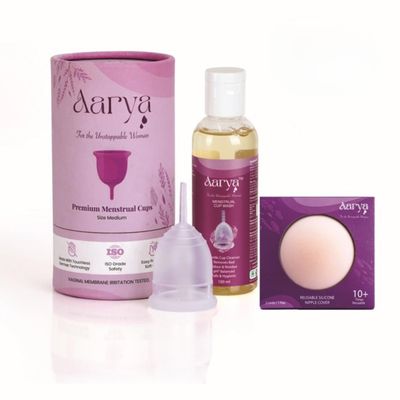 AARYA Reusable Menstrual Periods Cup for Women with Cup Wash| With Silicone Nipple Cover - Medical Grade Silicone | Comfortable Odour & Rash-Free | Leak Free upto 8 Hrs | FDA Compliance (Medium+100ml)