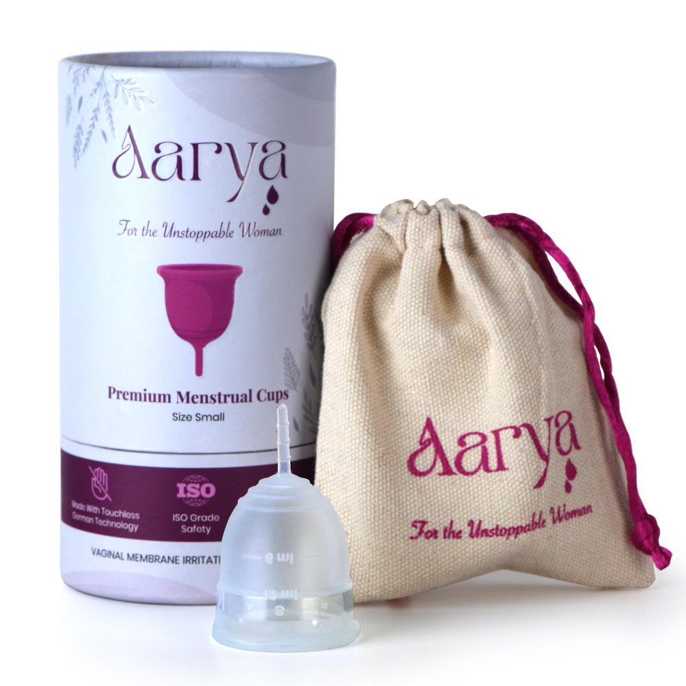 AARYA Reusable Menstrual Cup For Women|Ultra Soft & Odourless|Medical Grade Silicone|Leak Free For 8-10 Hours|Fda Approved|Includes Protective Pouch|Pack Of 1 (Small) - Transparent