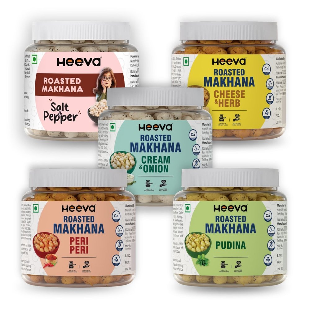 Heeva Roasted Makhana | Phool Makhana | Try All Flavors (Pack 100g X 5) | Healthy Tasty Snacks | Roasted - Not Fried | 100% Veg | Gluten Free | No Cholesterol | No Trans-Fat
