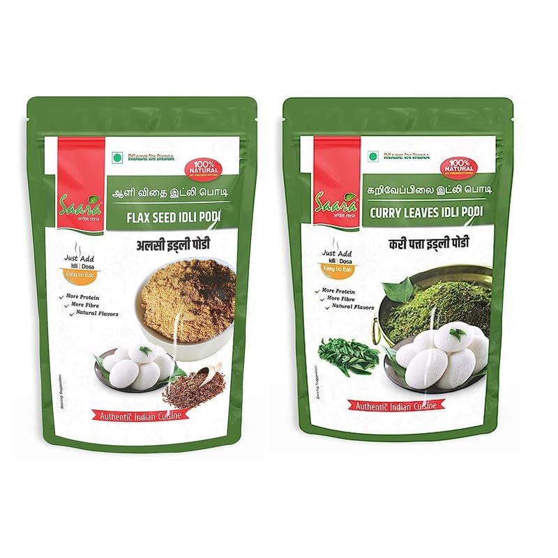 Saara HERBAL FRESH Combo of Flax Seed Idli Podi & Curry Leave Idli Podi,400g (200g Each), Idli Podi Masala Powder, Tamilnadu Special, (Pack of 1 X 400g)