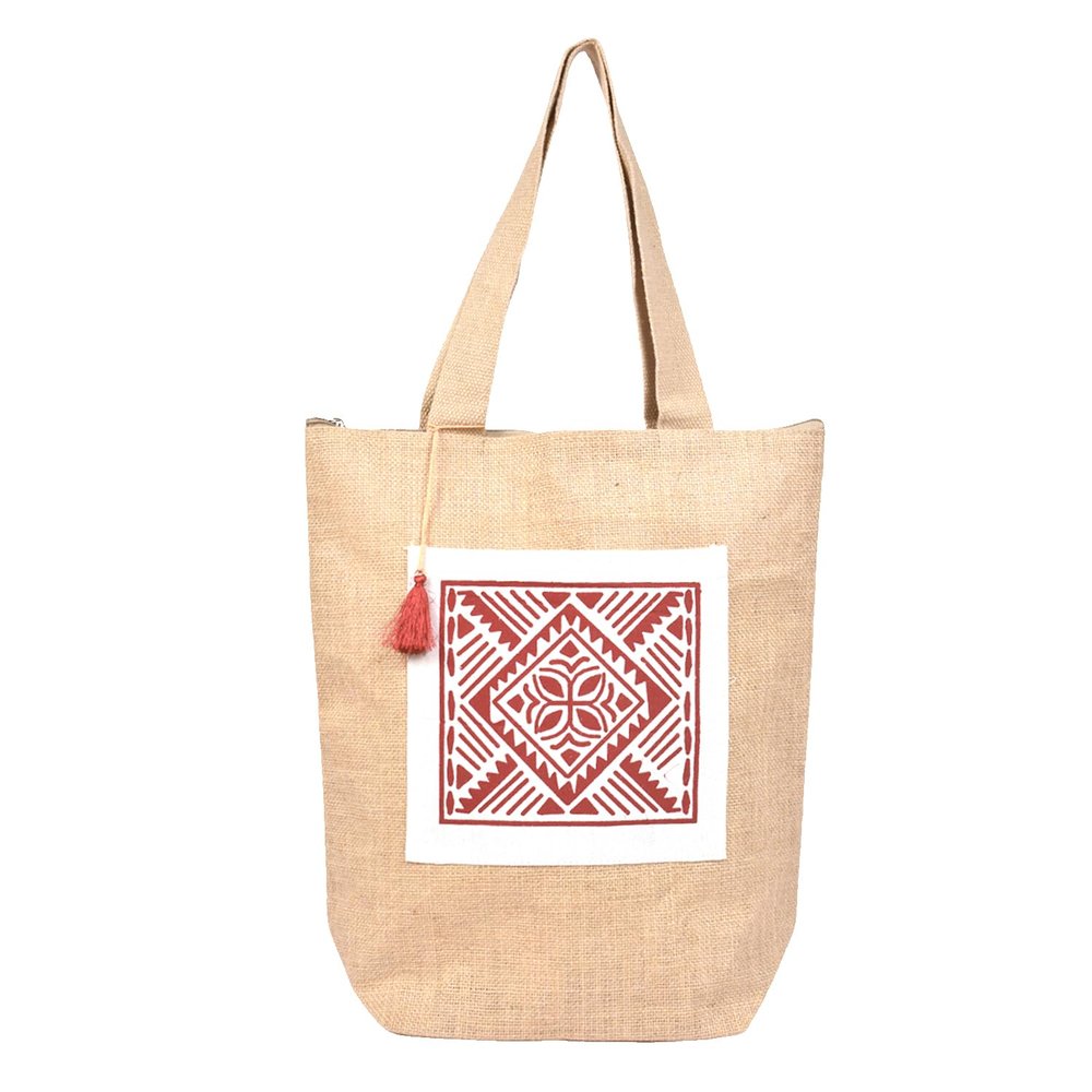 Daffodil Jute Bagg | Tote Bag | Handcrafted Kalamkari Pocket Bag | Multipurpose Carry Bag | Durable Bags for Men & Women | Jute Handbags with Latkan (Pocket)