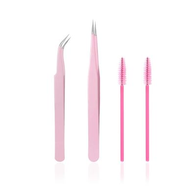 KLDKUST Stainless Steel Eyelash Extension Tweezers (Straight & Curved Tip) & Eyelash Brushes (4PCS) - Pink