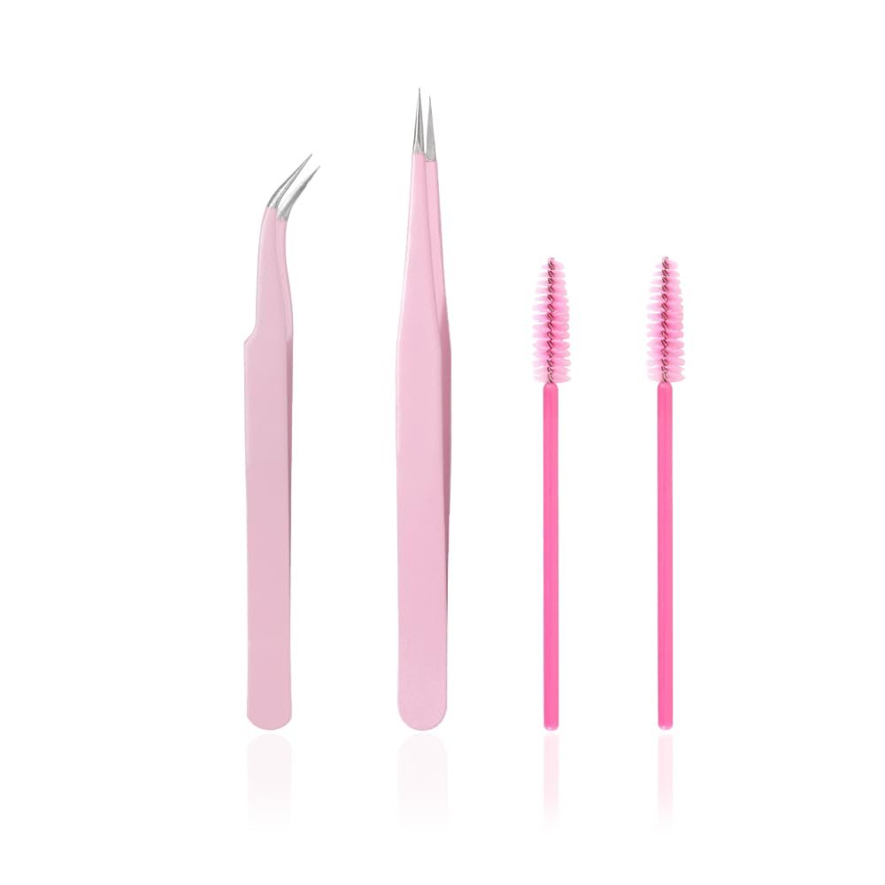 KLDKUST Stainless Steel Eyelash Extension Tweezers (Straight & Curved Tip) & Eyelash Brushes (4PCS) - Pink