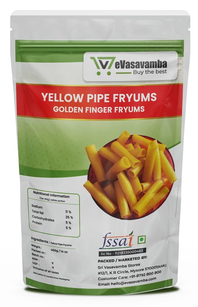 eVasavamba Yellow Pipe Fryums | Yellow Finger Fryums | Wafers | Gold Finger Fryums | Golden Finger Fryums | Age old Indian Snack | A++ Grade, 400g