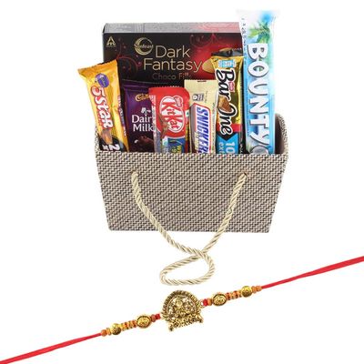 SFU E Com Bounty Coconut Chocolate With Premium Basket| Rakhi Chocolate for Brother | Jadtar Ganesh ji Rakhi With Chocolates | Roli, Chawal, Chandan, Misri | 825