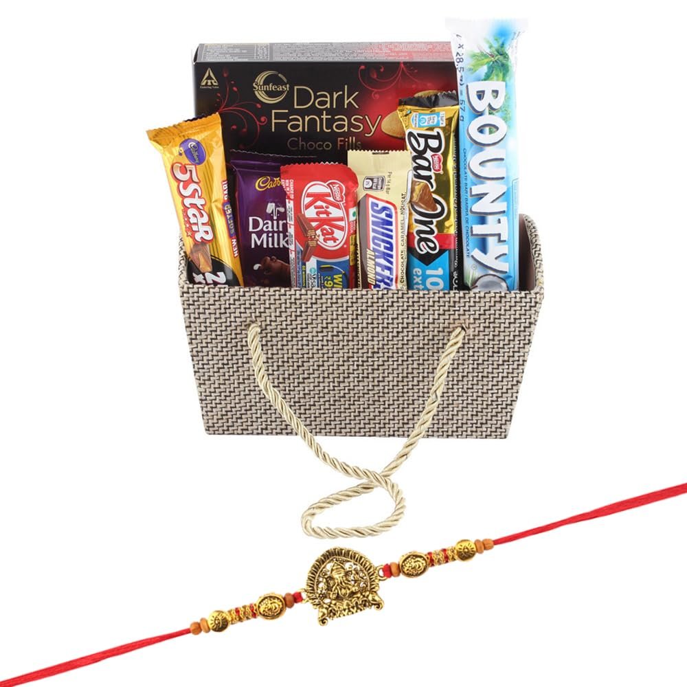 SFU E Com Bounty Coconut Chocolate With Premium Basket| Rakhi Chocolate for Brother | Jadtar Ganesh ji Rakhi With Chocolates | Roli, Chawal, Chandan, Misri | 825