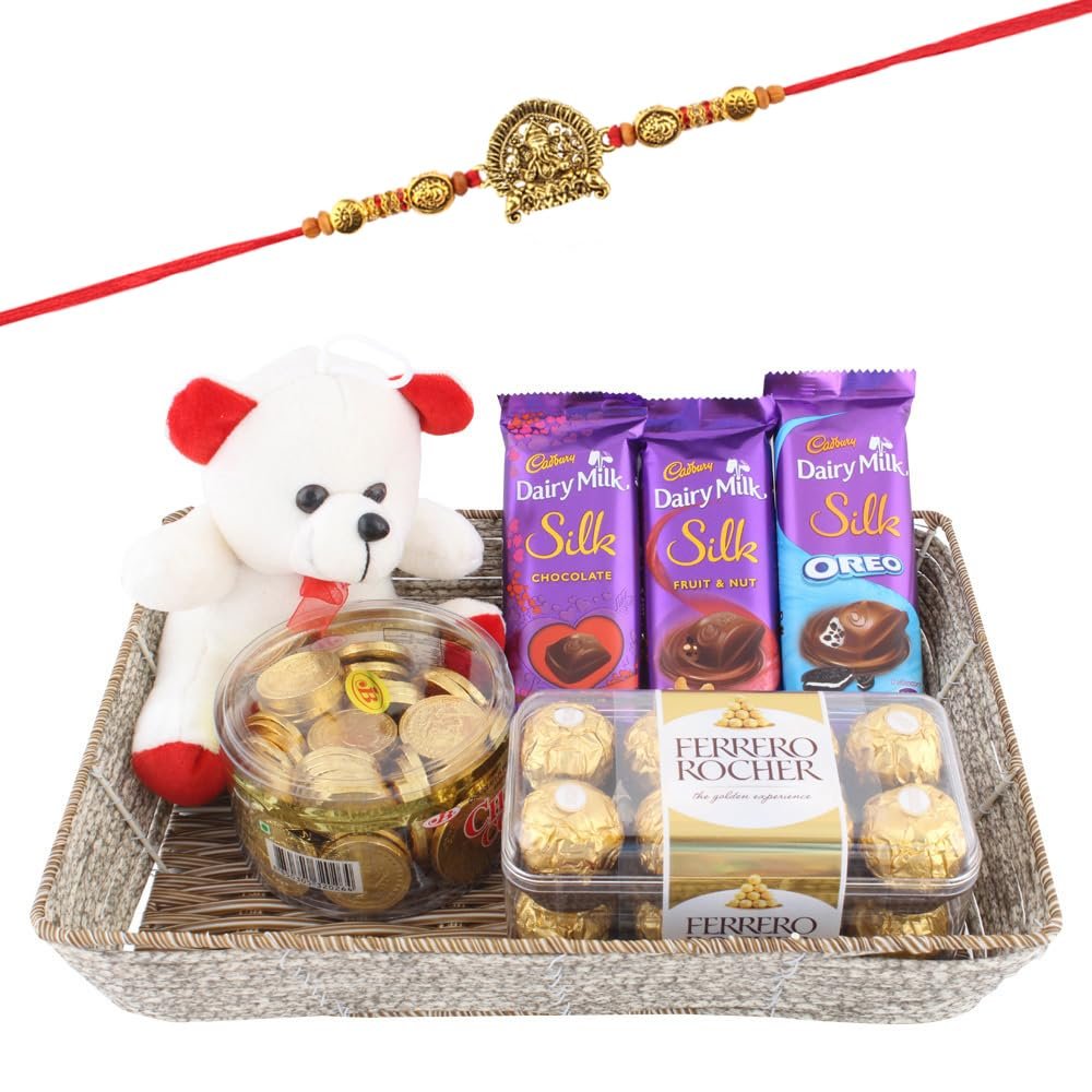SFU E Com Creamy Gold Coin Chocolates With Creamy Cadbury Silk| Rakhi Chocolate for Brother | Jadtar Ganesh ji Rakhi With Chocolates | Roli, Chawal, Chandan, Misri | 424
