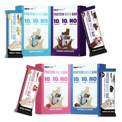 Snactivate Protein Wafer Bars Assorted Combo - Double Chocolate, Cookies & Creme, French Vanilla & Mixed Berries with 10g Whey Protein, 10g Fiber & Sugar-free | Tasty & Crunchy | 40 gm (Pack of 24)