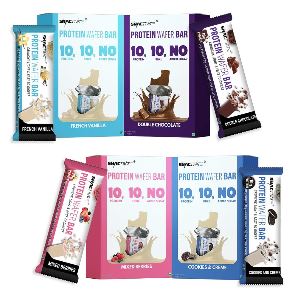 Snactivate Protein Wafer Bars Assorted Combo - Double Chocolate, Cookies & Creme, French Vanilla & Mixed Berries with 10g Whey Protein, 10g Fiber & Sugar-free | Tasty & Crunchy | 40 gm (Pack of 24)