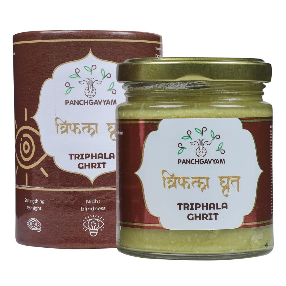 Triphala Ghrit/Ghee A2 Pure & Authentic | Eye Care Supplement to Improve Vision | Panchkarma Suvarna Treatment | Enriched with Amla, Harade, and Baheda | Triphala for male Baldness |Eye Health Supplement for Men & Women| Eye vision improves medicine