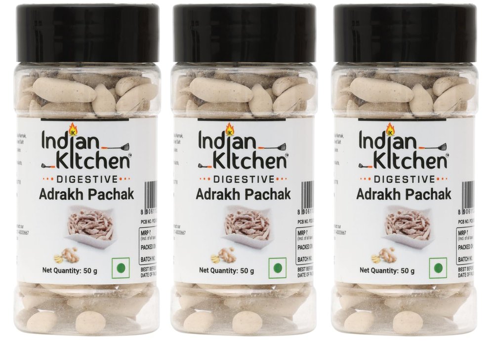 Indian Kitchen Adrakh Pachak 50g | Digestive Ginger | Masala Lemon Ginger| Adrak Churan | Ginger Pops | Dry Ginger Candy (Pack of 3)