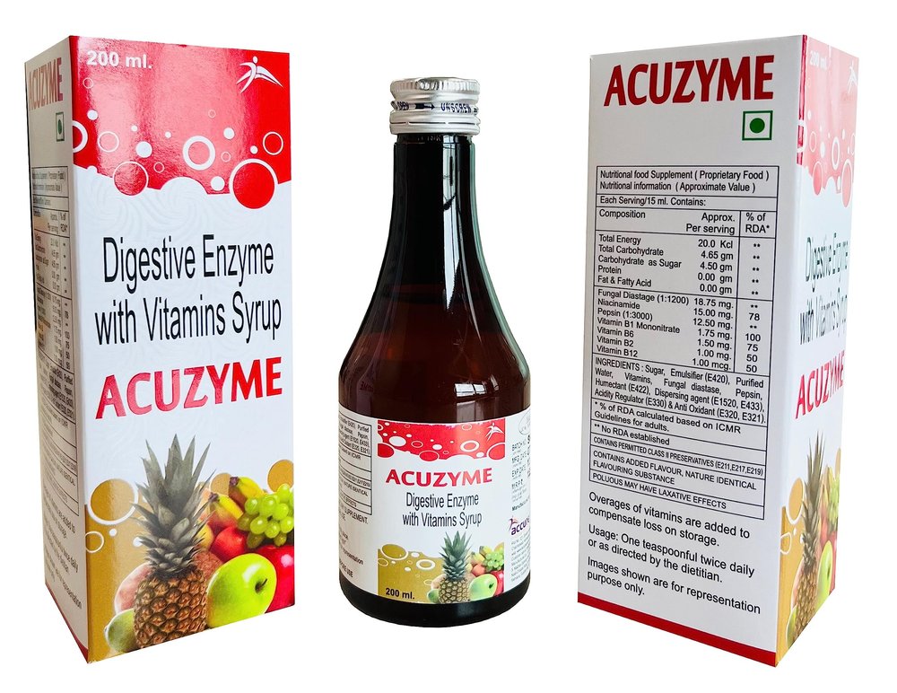 Acuzyme| Syrup for Digestion, Gut health, Acidity & Bloating | For Men, Women and Kids | 200ml| Accure Pharma (BUY 3 SYRUPS AND GET 1 VIT. C MOISTURIZING LOTION WORTH RS. 249 FREE)