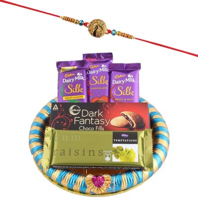 SFU E Com Dark Fantasy Choco Fills With Cadbury Chocolates Combo | Rakhi Chocolate for Brother | Peacock Rakhi With Chocolates | Roli, Chawal, Chandan, Misri | 001