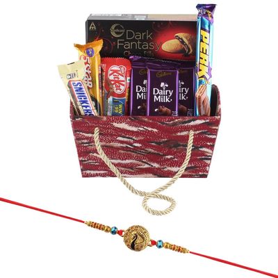 SFU E Com Cadbury Chocolates With Red Handle Basket | Rakhi Chocolate for Brother | Peacock Rakhi With Chocolates | Roli, Chawal, Chandan, Misri | 001