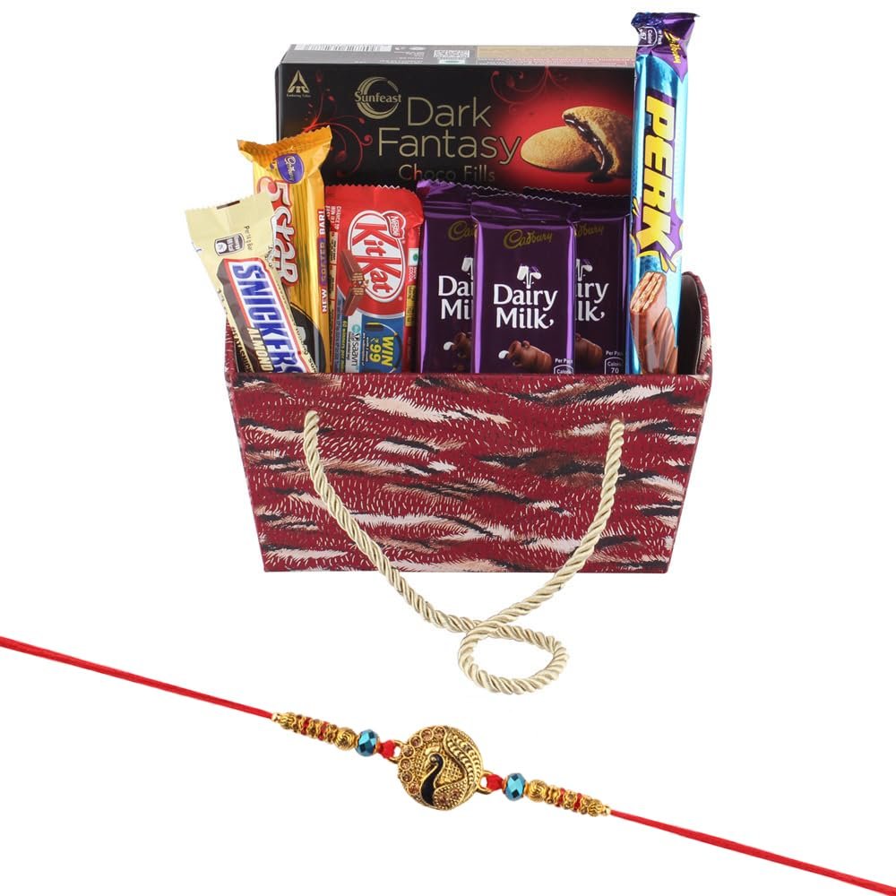 SFU E Com Cadbury Chocolates With Red Handle Basket | Rakhi Chocolate for Brother | Peacock Rakhi With Chocolates | Roli, Chawal, Chandan, Misri | 001