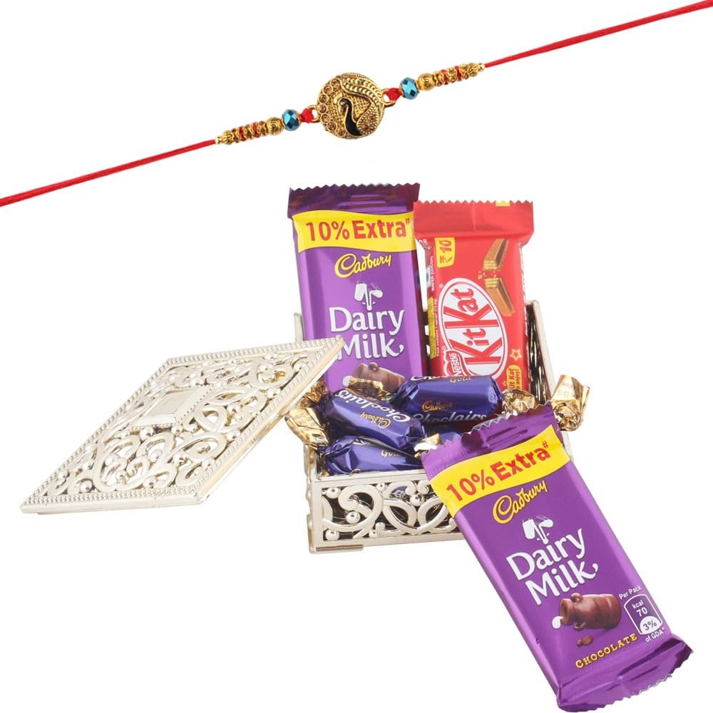 SFU E Com Chocolate Combo Box | Rakhi Chocolate for Brother | Peacock Rakhi With Chocolates | Roli, Chawal, Chandan, Misri | 001