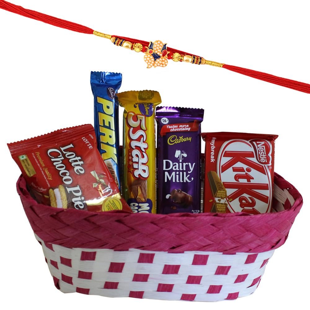 SFU E Com Creamy Caramel Chocolate With Lotte Choco Pie Hamper | Rakhi Chocolate for Brother | Premium Elephant Pearl Rakhi With Chocolates | Roli, Chawal, Chandan, Misri | 155