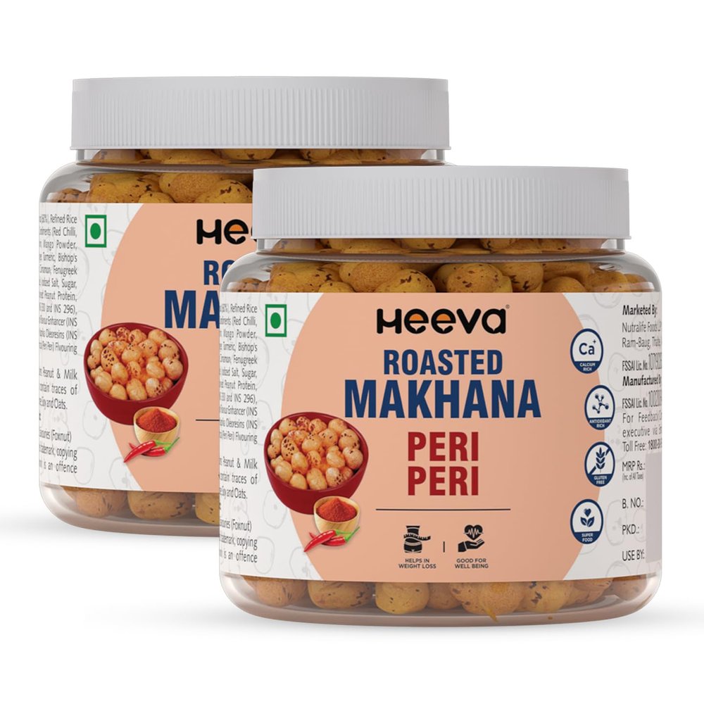Heeva Roasted Makhana | Foxnut | Peri-Peri Flavour 100g (Pack of 2) | Gluten Free | Roasted - Not Fried | No Cholesterol | Healthy Super Food | Calcium Rich | Phool Makhana