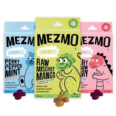 MEZMO soft jelly healthy n yummy candy with natural fruit sugar 108gms 36 jellies (Pack of 3) - Very Strawberry,Perky Peppermint & Raw Mango
