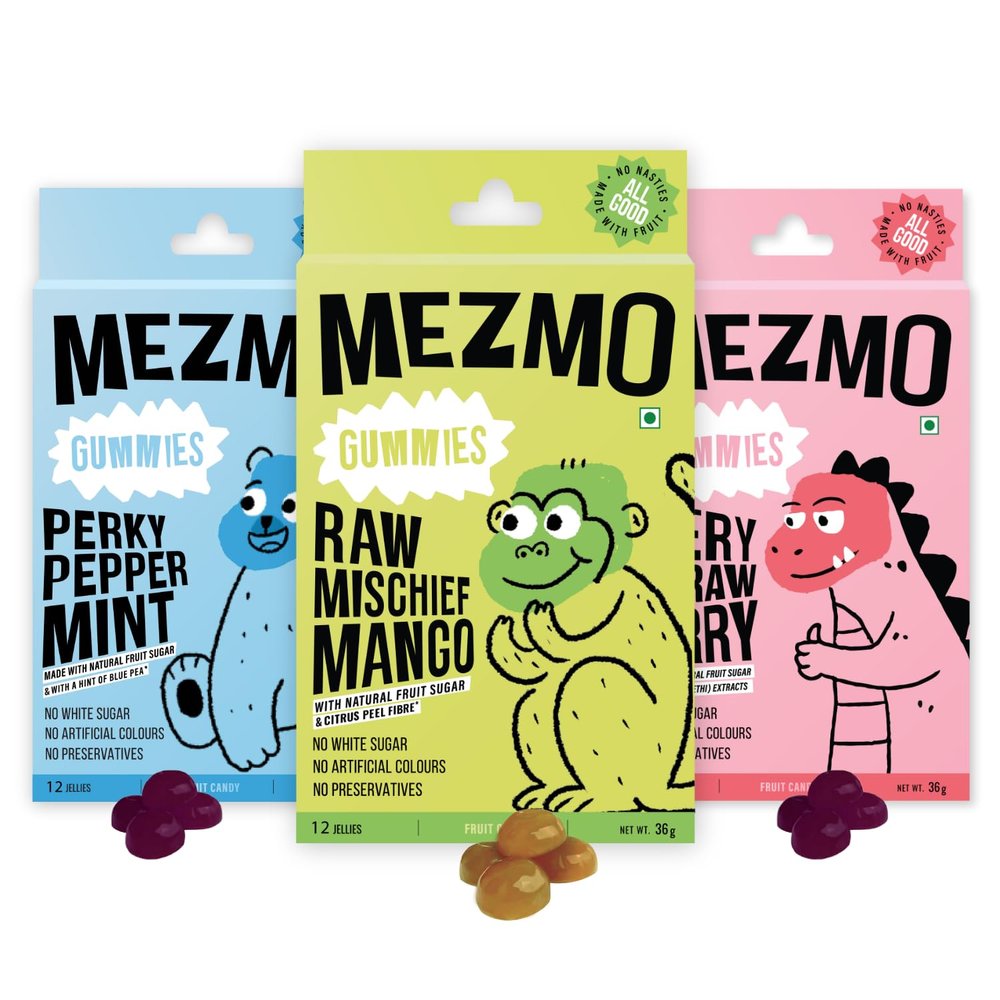 MEZMO soft jelly healthy n yummy candy with natural fruit sugar 108gms 36 jellies (Pack of 3) - Very Strawberry,Perky Peppermint & Raw Mango