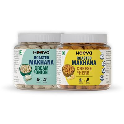 Heeva Roasted Makhana | Cream & Onion (100g) & Cheese & Herb Flavour (100g) Combo | Fox Nut | Gluten Free | Roasted - Not Fried | No Cholesterol | Healthy Super Food | Calcium Rich